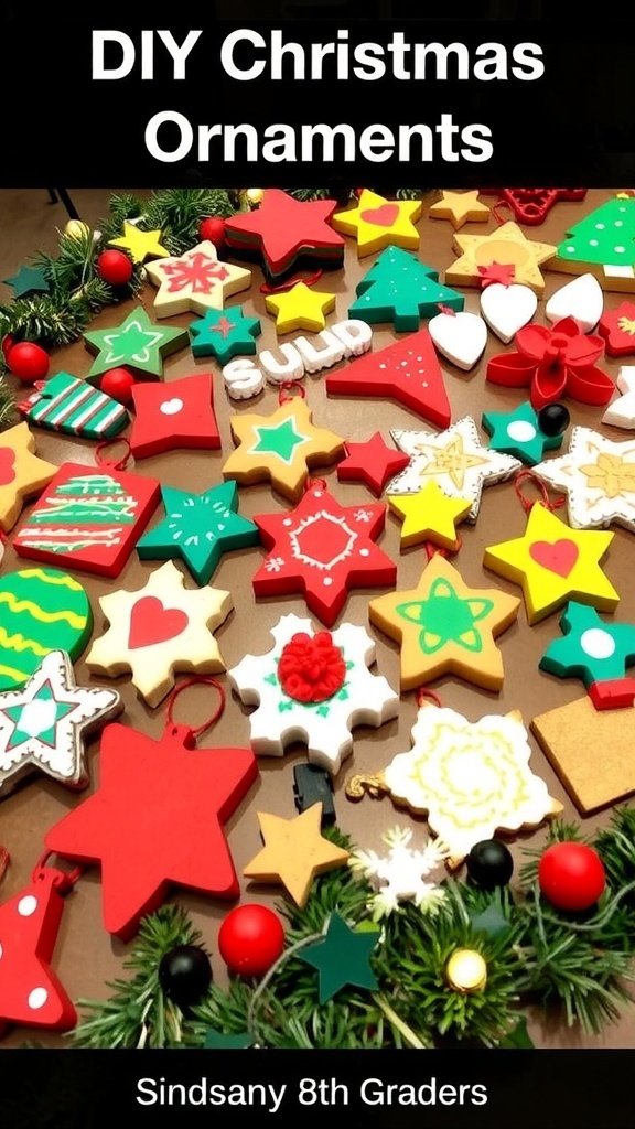 A collection of colorful DIY Christmas ornaments including painted wood, salt dough, and paper crafts on a festive table.